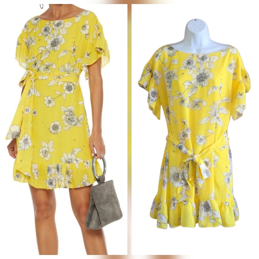 Alice + Olivia Ellamae Begonia Dress Yellow Floral Flutter Sz S Derby Feminine